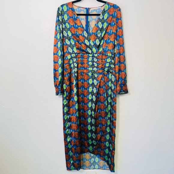 Uterque Snake  Print A Line Long Sleeve Button Midi Dress Brown Green Size Large - Picture 1 of 11